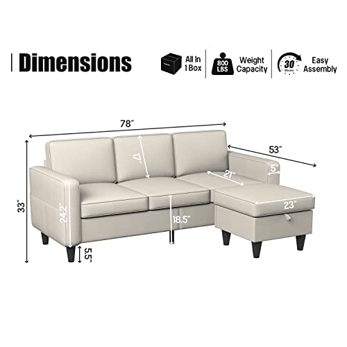 Beige Convertible L-Shaped Sectional, Modern Linen Fabric 3-Seat Sofa Couch Furniture Set with Storage Ottoman for Living Room Small Space