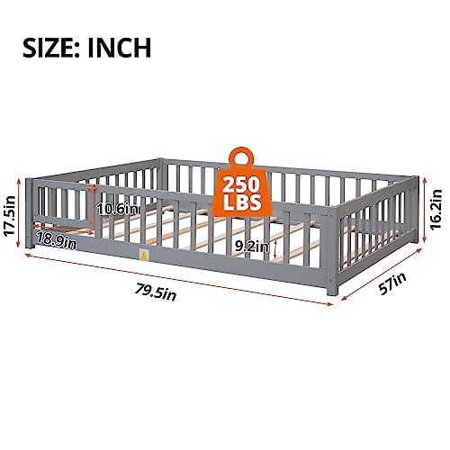 LLS Full Floor Bed for Children, Durable Montessori Floor Bed with Wood Slats, Safety Fence & Small Door, Wood Floor Bed Frame for Girls Boys and Children, Gray (with Bed Slats)