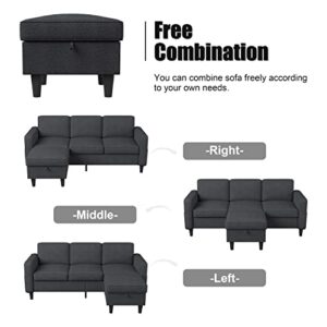 Dark Grey Convertible Sectional, Modern Linen Fabric Upholstered L-Shaped Couch with Armrest Pockets 3-Seat Sofa with Reversible Storage Ottoman for Living Room Small Space Apartment