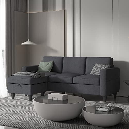 Dark Grey Convertible Sectional, Modern Linen Fabric Upholstered L-Shaped Couch with Armrest Pockets 3-Seat Sofa with Reversible Storage Ottoman for Living Room Small Space Apartment