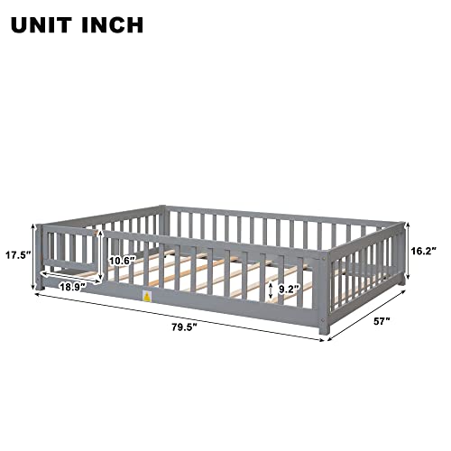 LLS Full Floor Bed for Children, Durable Montessori Floor Bed with Wood Slats, Safety Fence & Small Door, Wood Floor Bed Frame for Girls Boys and Children, Gray (with Bed Slats)