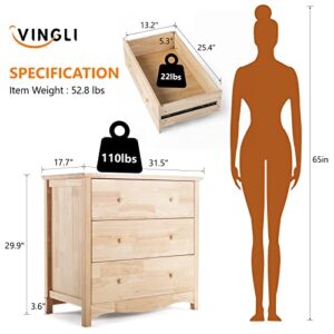 VINGLI Upgraged Unfinished 3 Drawer Dresser for Bedroom Natural Solid Wood Dresser Color DIY, Farmhouse Dresser with Spacious Storage Chests of Drawers with Full Extension Drawer Slides, Rustic Style