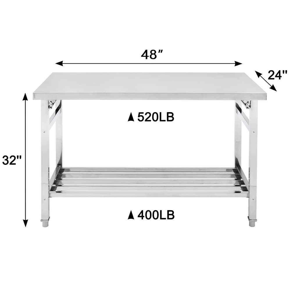 Stainless Steel Table 48 * 24 in, Portable Kitchen Island Stainless Steel Prep Table Work Bench with Foldable Table Legs, Work Table with Adjustable Undershelf for Kitchen Restaurant