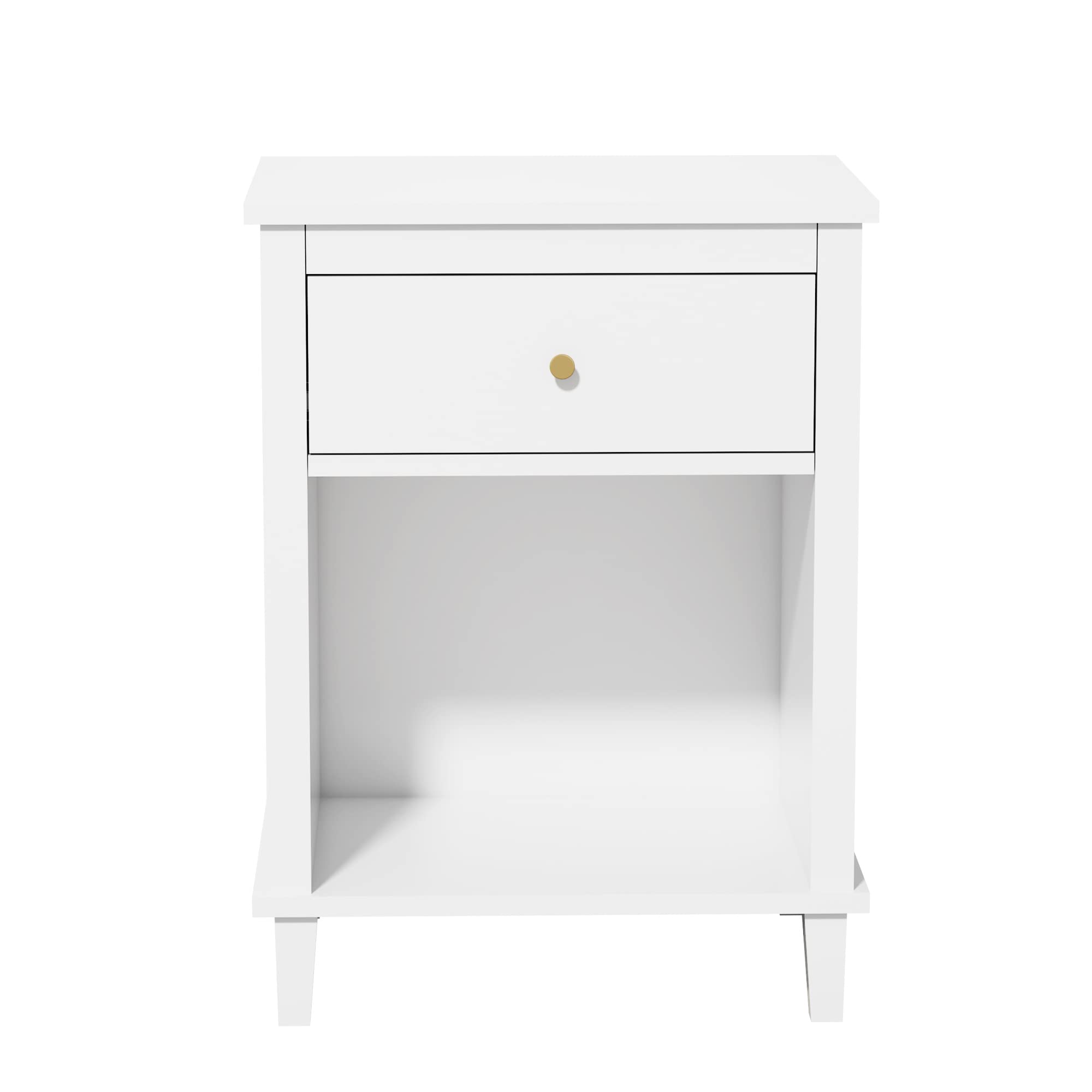 FAMIKITO Nightstand with 1 Drawer, 26.68 Inch Bedside Furniture with Open Storage Shelf for Kids, Girls, and Boys, Nightstand for Bedroom, White