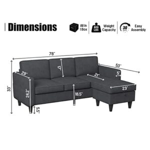 Dark Grey Convertible Sectional, Modern Linen Fabric Upholstered L-Shaped Couch with Armrest Pockets 3-Seat Sofa with Reversible Storage Ottoman for Living Room Small Space Apartment