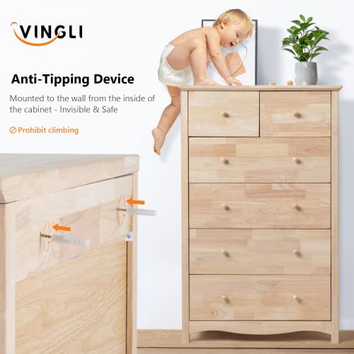 VINGLI Unfinished 6 Drawer Dresser, Natural Solid Wood Dresser Color DIY, Upgraged Rustic Farmhouse Tall Dresser with Spacious Storage Chests of Drawers with Full Extension Drawer Slides