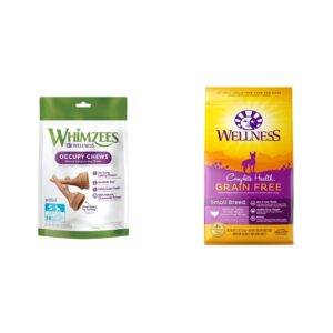 whimzees by wellness occupy antler small breed bundle: 24 count of dental treats + wellness complete health grain-free small breed dry dog food, turkey, chicken & salmon, 4-pound trial bag