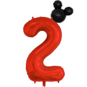 40 inch red number 2 balloon & mini mouse head balloon, 2nd birthday party decoration balloons, cartoon mouse birthday party supplies baby shower decoration, red black theme party decorations supplies