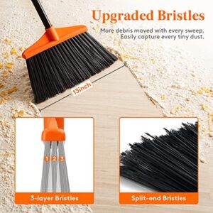 Lifewit Outdoor/Indoor Broom Heavy Duty, Commercial Broom with 53" Extendable Long Handle, Household Angle Corner Brooms for Patio, Garage, Deck, Lobby, Courtyard Sweeping, Orange