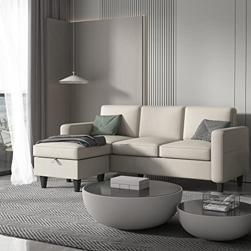 Beige Convertible L-Shaped Sectional, Modern Linen Fabric 3-Seat Sofa Couch Furniture Set with Storage Ottoman for Living Room Small Space