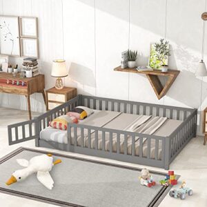 LLS Full Floor Bed for Children, Durable Montessori Floor Bed with Wood Slats, Safety Fence & Small Door, Wood Floor Bed Frame for Girls Boys and Children, Gray (with Bed Slats)