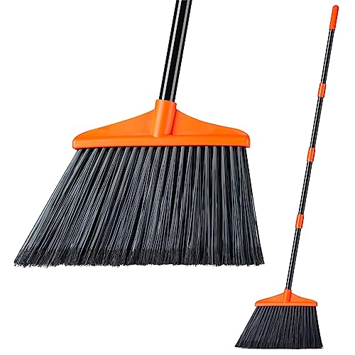 Lifewit Outdoor/Indoor Broom Heavy Duty, Commercial Broom with 53" Extendable Long Handle, Household Angle Corner Brooms for Patio, Garage, Deck, Lobby, Courtyard Sweeping, Orange