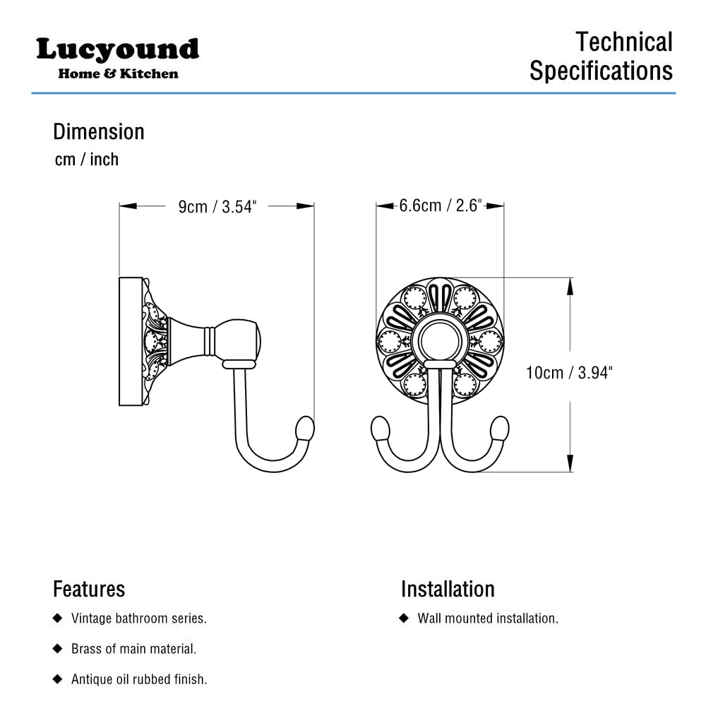 Lucyound Antique Brass Towel Hook, Wall Mounted Bathroom Double Hook for Clothing & Robe Hanger, Screws Install Shower Wall Hook, Vintage Petal-Relief Series