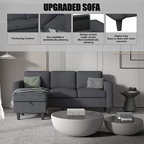 Dark Grey Convertible Sectional, Modern Linen Fabric Upholstered L-Shaped Couch with Armrest Pockets 3-Seat Sofa with Reversible Storage Ottoman for Living Room Small Space Apartment