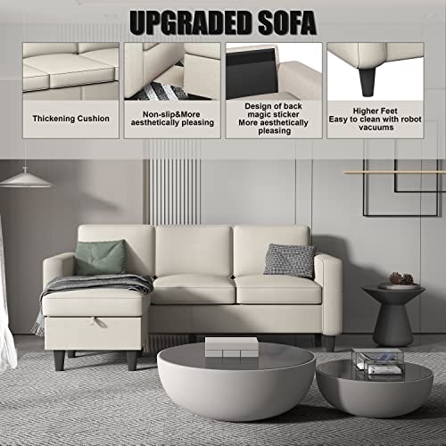 Beige Convertible L-Shaped Sectional, Modern Linen Fabric 3-Seat Sofa Couch Furniture Set with Storage Ottoman for Living Room Small Space