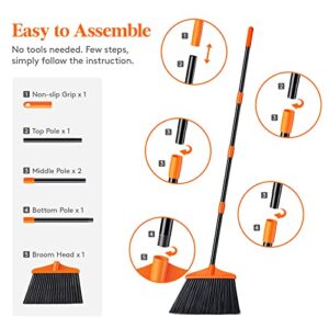 Lifewit Outdoor/Indoor Broom Heavy Duty, Commercial Broom with 53" Extendable Long Handle, Household Angle Corner Brooms for Patio, Garage, Deck, Lobby, Courtyard Sweeping, Orange