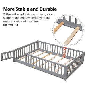 LLS Full Floor Bed for Children, Durable Montessori Floor Bed with Wood Slats, Safety Fence & Small Door, Wood Floor Bed Frame for Girls Boys and Children, Gray (with Bed Slats)