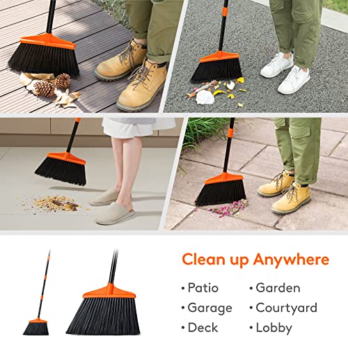 Lifewit Outdoor/Indoor Broom Heavy Duty, Commercial Broom with 53" Extendable Long Handle, Household Angle Corner Brooms for Patio, Garage, Deck, Lobby, Courtyard Sweeping, Orange