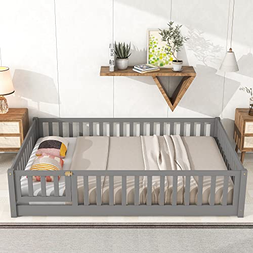 LLS Full Floor Bed for Children, Durable Montessori Floor Bed with Wood Slats, Safety Fence & Small Door, Wood Floor Bed Frame for Girls Boys and Children, Gray (with Bed Slats)