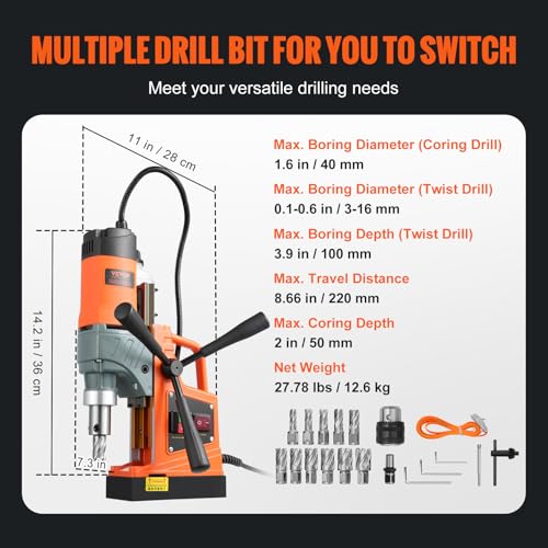 VEVOR Mag Drill Press, 1300W 1.57" Boring Diameter, 2922lbf Power Portable Magnetic Drill, 810 PRM, 11Pcs Drill Bits Electric Drilling Machine for Metal Surface, Industrial and Home Improvement