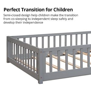 LLS Full Floor Bed for Children, Durable Montessori Floor Bed with Wood Slats, Safety Fence & Small Door, Wood Floor Bed Frame for Girls Boys and Children, Gray (with Bed Slats)