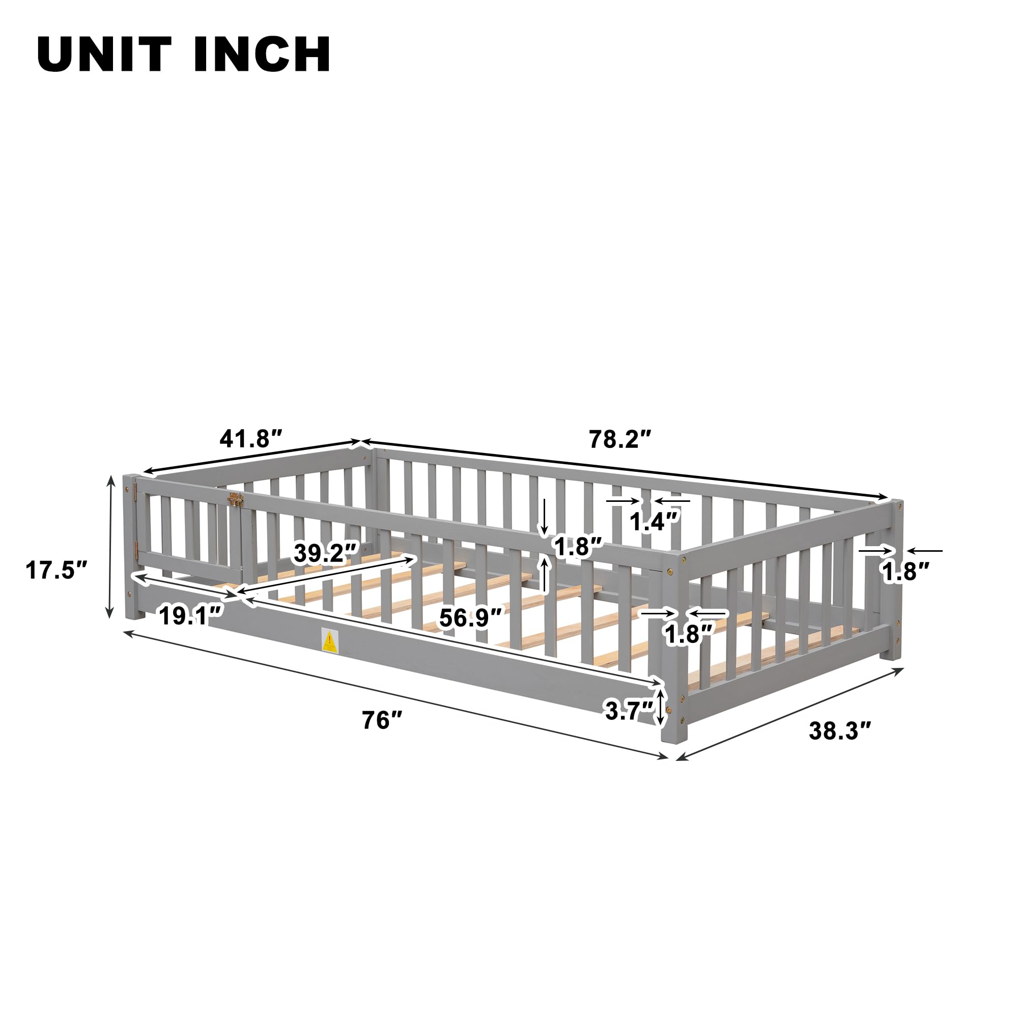 CITYLIGHT Twin Size Floor Bed with Rails and Door, Wood Montessori Floor Bed Twin Size with Support Slats, Kids Twin Bed Frame for Boys,Girls, Grey