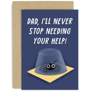 old english co. funny father's day card for dad - cute never stop needing dads help from son or daughter - catching spider design - fun card for dad birthday | blank inside with envelope