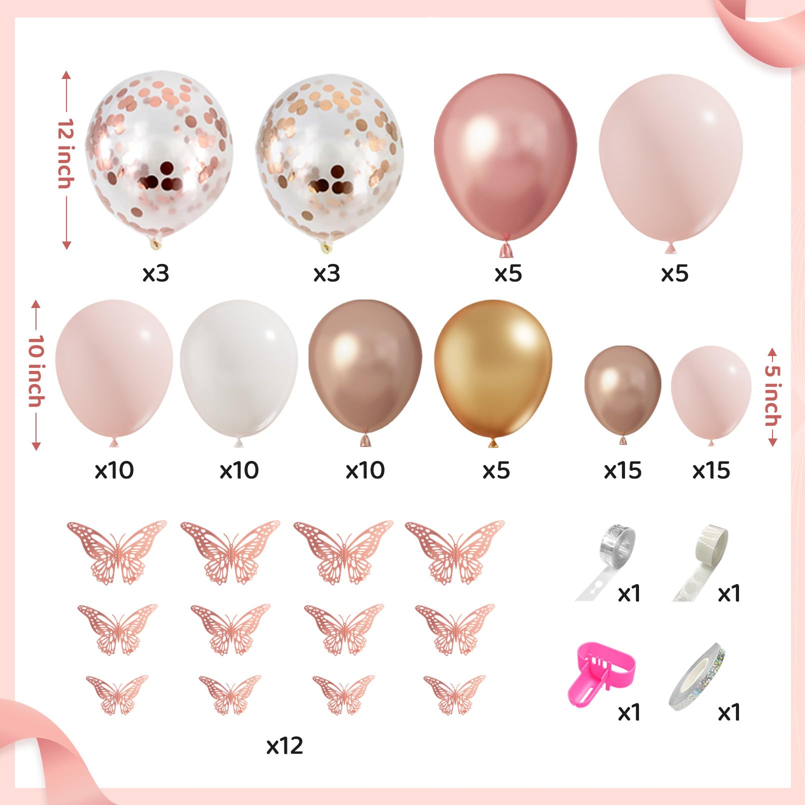 Amandir 134pcs Rose Gold Balloons Baby Shower Decorations for Girl Baby Boxes, Butterfly Stickers Balloon Garland Arch Kit Baby Box with Letter (A-Z+Baby) for Women Birthday Bridal Party Decoration