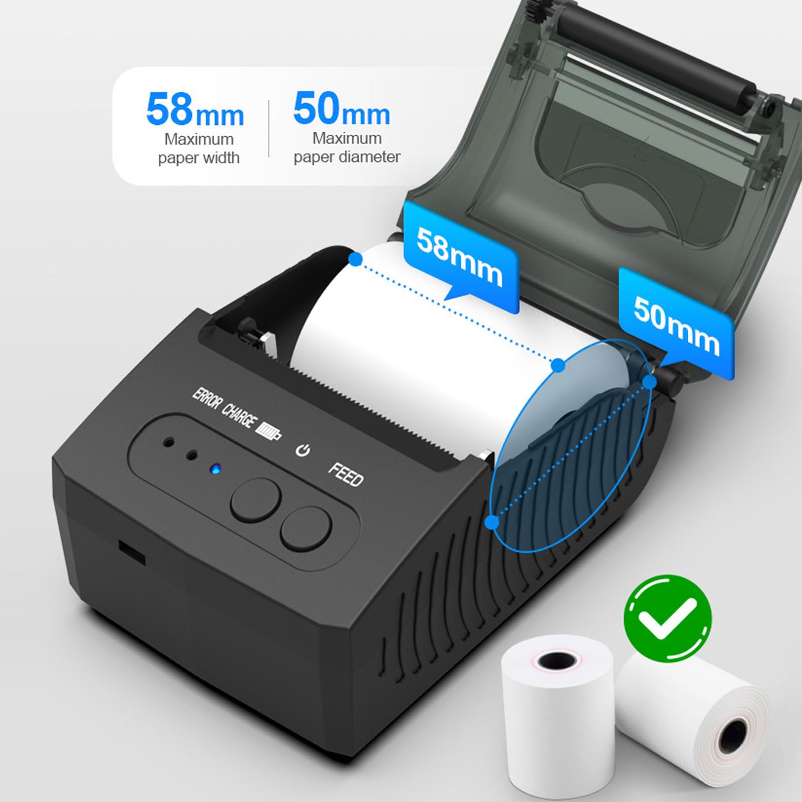 Portable Printer Receipt, 58mm Paper Width 2000mAh Rechargeable Thermal Label Printer,with Thermal Printer Paper,for Office and Small Business