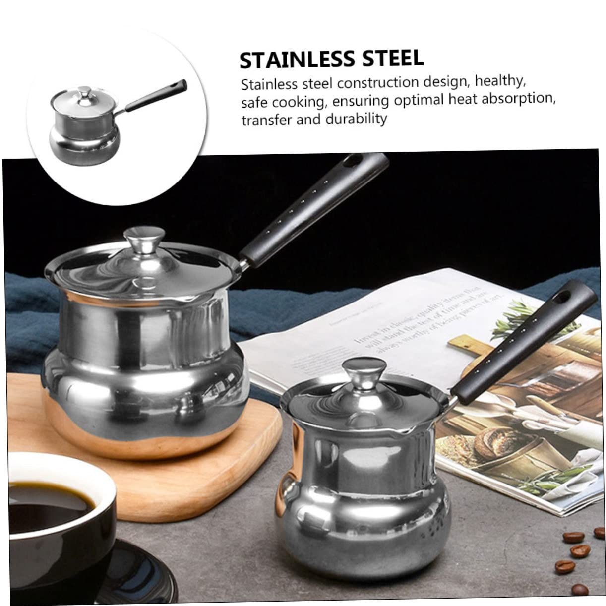 SHERCHPRY Milk Frothing Pitcher Stainless Steel Melting Pots Mini Milk Pot Butter Warmer Pan Miniature Saucepan Turkish Coffee Maker Soup Pot with Lid Cover for Kitchen 700ml Espresso Accessories