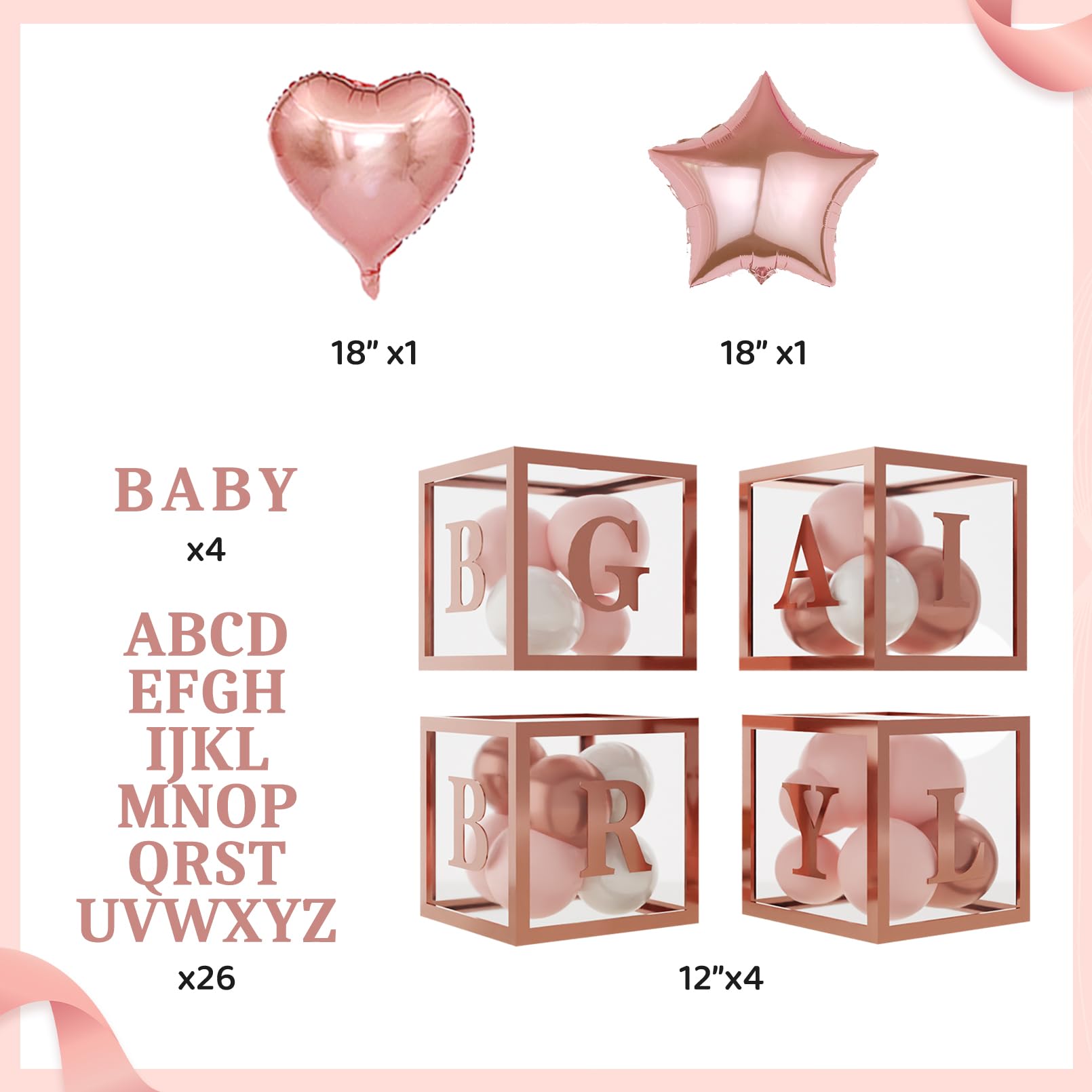 Amandir 134pcs Rose Gold Balloons Baby Shower Decorations for Girl Baby Boxes, Butterfly Stickers Balloon Garland Arch Kit Baby Box with Letter (A-Z+Baby) for Women Birthday Bridal Party Decoration