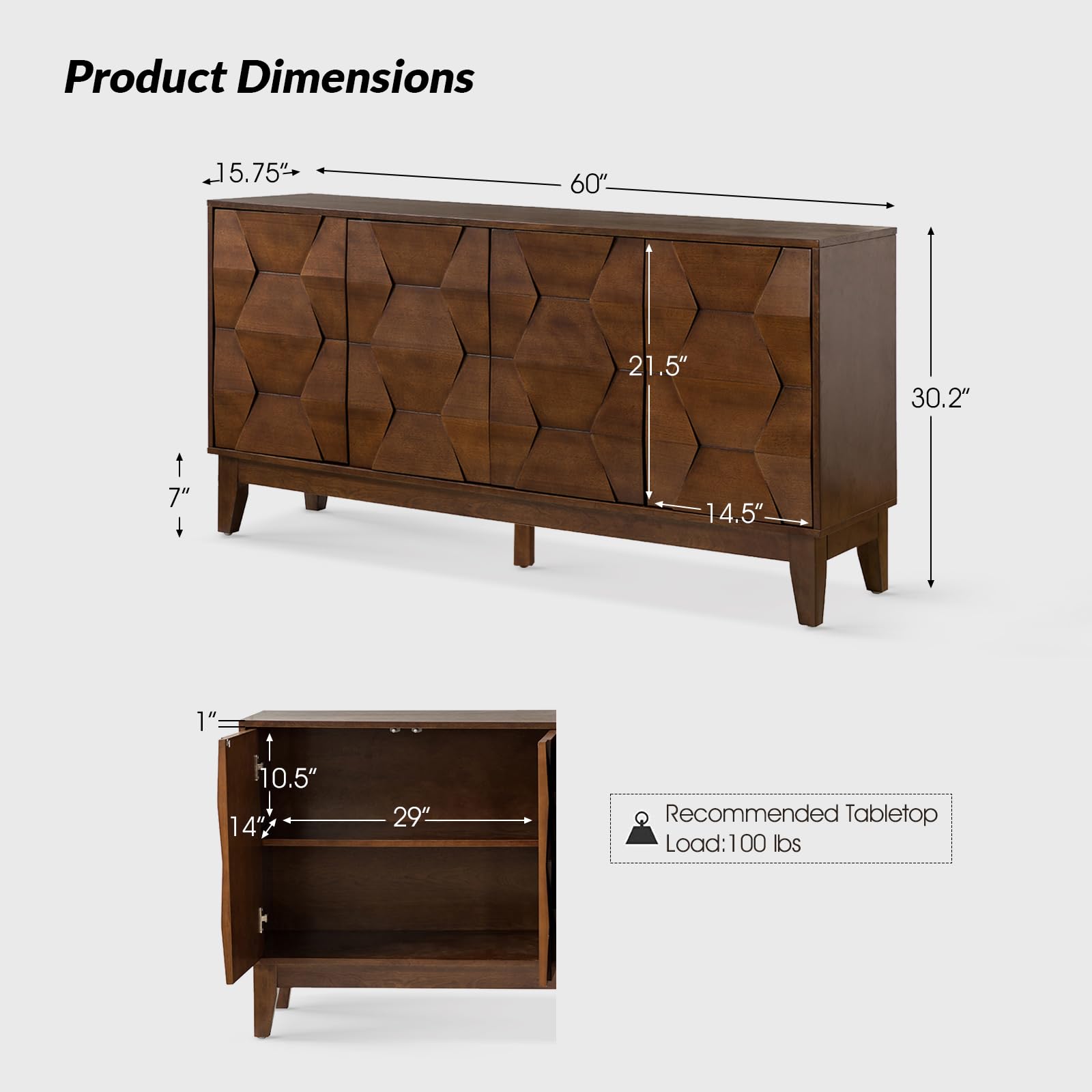 HULALA HOME Mid Century Sideboard Buffet Cabinet with Solid Wood Legs, 60" Kitchen Storage Cabinet Credenza with 4 Doors and 2 Shelves, Accent Console Table, Walnut