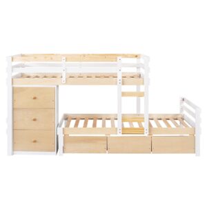 Bellemave Low Loft Bed with Storage Drawers and Dresser, Wood Twin Over Twin Bunk Bed Frame for 2 Kids, Modern Junior Loft Beds with Storage and Platform Bed for Boys Girls Teen,White With Natural