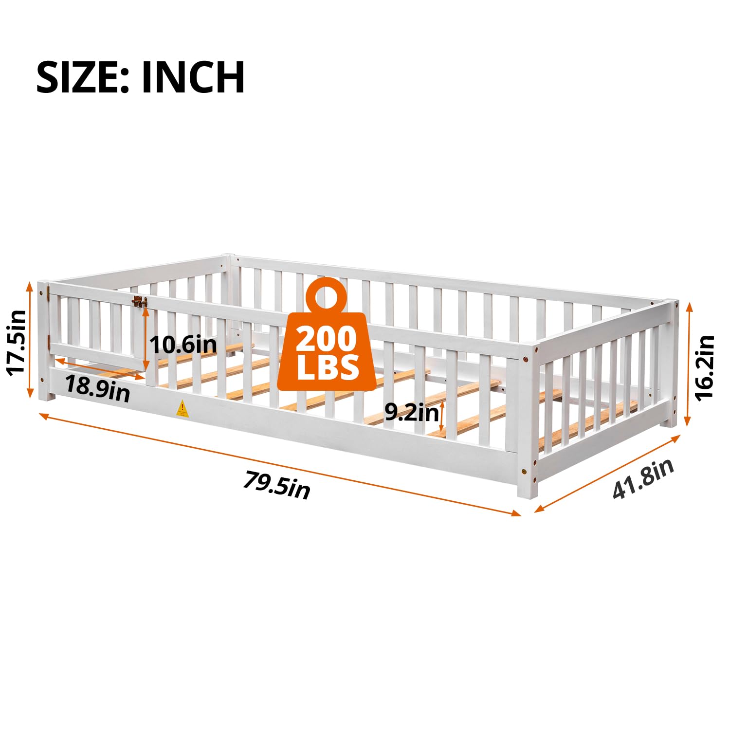 LLS Twin Floor Bed, Durable Montessori Floor Bed with Wood Slats, Safety Fence & Small Door, Wood Floor Bed Frame for Girls Boys Children, White (with Bed Slats)