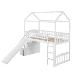 CITYLIGHT Twin Loft Bed with Stairs and Slide, Wooden House Loft Bed with Slide, Loft Bed Twin with Storage Staircase, Kids Loft Bed Frame for Girls or Boys,No Box Spring Needed, White