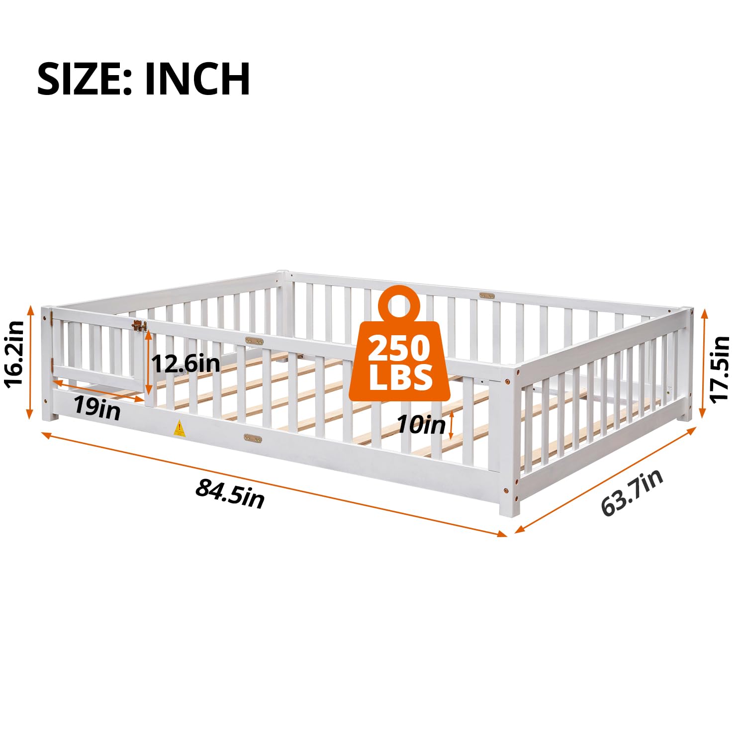 LLS Queen Floor Bed for Children, Durable Montessori Floor Bed with Wood Slats, Safety Fence & Small Door, Wood Floor Bed Frame for Girls Boys Children, White (with Bed Slats)