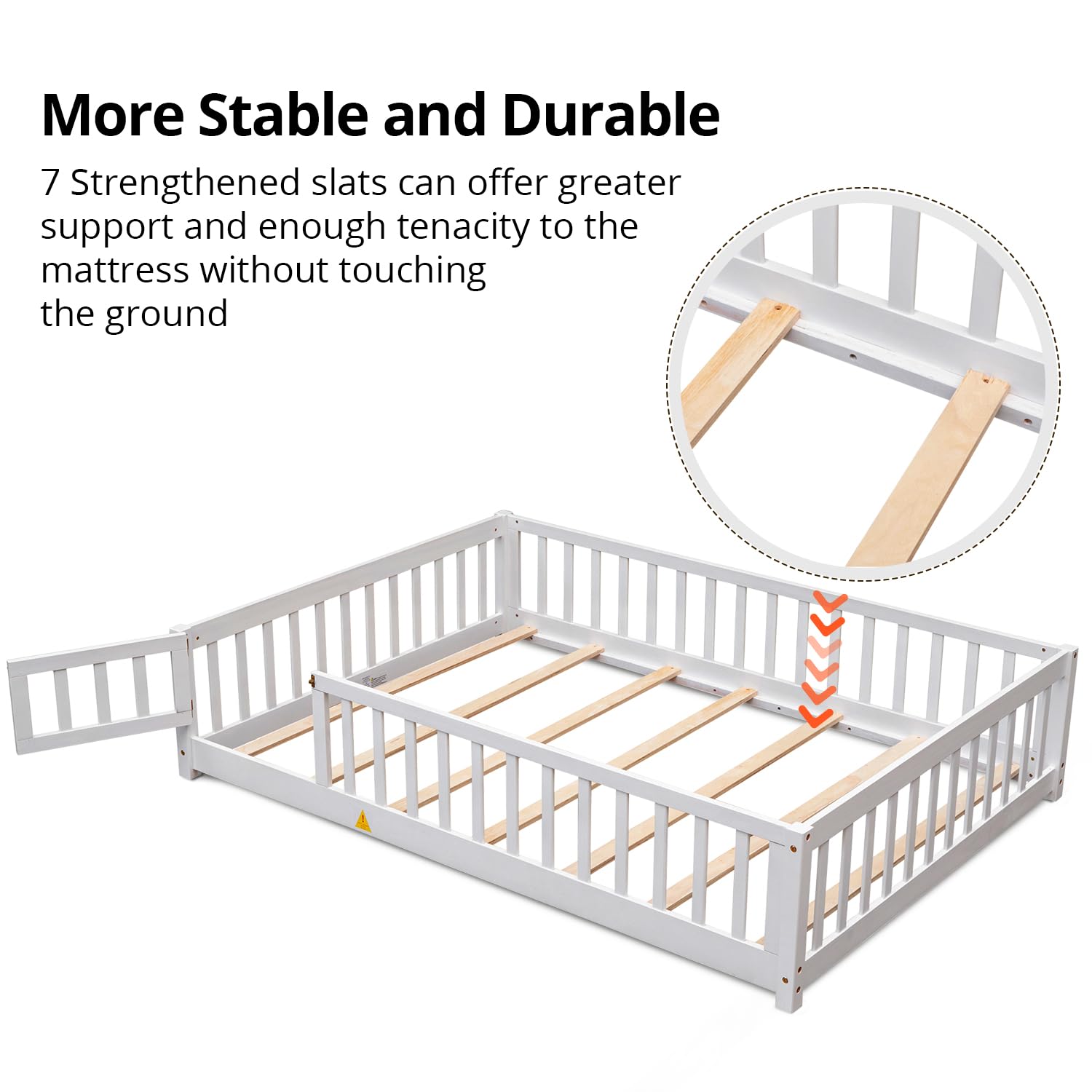 LLS Queen Floor Bed for Children, Durable Montessori Floor Bed with Wood Slats, Safety Fence & Small Door, Wood Floor Bed Frame for Girls Boys Children, White (with Bed Slats)