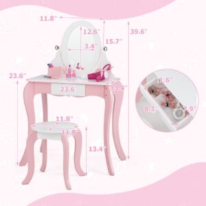 INFANS Kids Vanity with 360° Rotating Mirror and Drawing Board, 2 in 1 Princess Makeup Dressing Table and Stool with Accessories, Drawers, Wooden Play Vanity Set for Little Girls