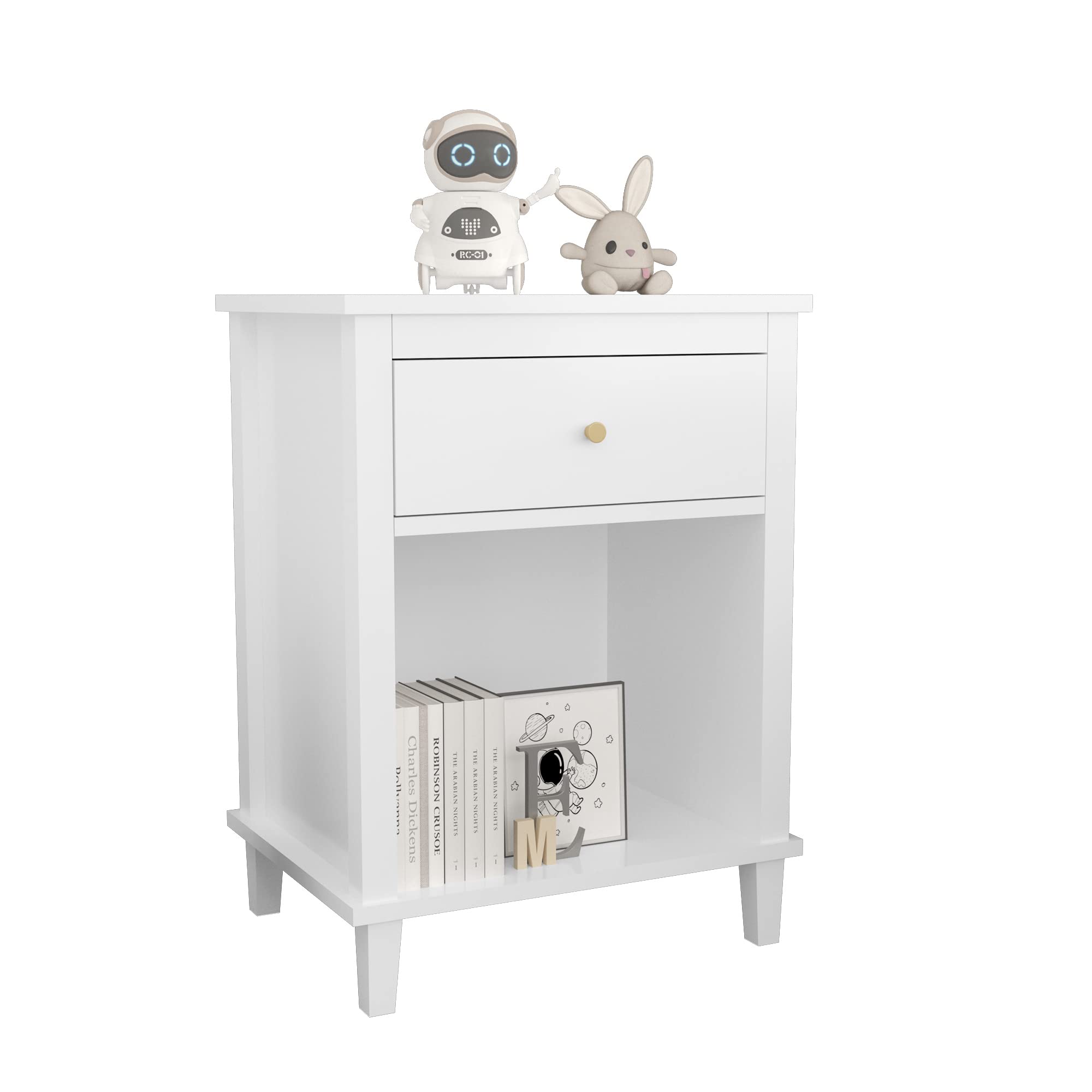 FAMIKITO Nightstand with 1 Drawer, 26.68 Inch Bedside Furniture with Open Storage Shelf for Kids, Girls, and Boys, Nightstand for Bedroom, White