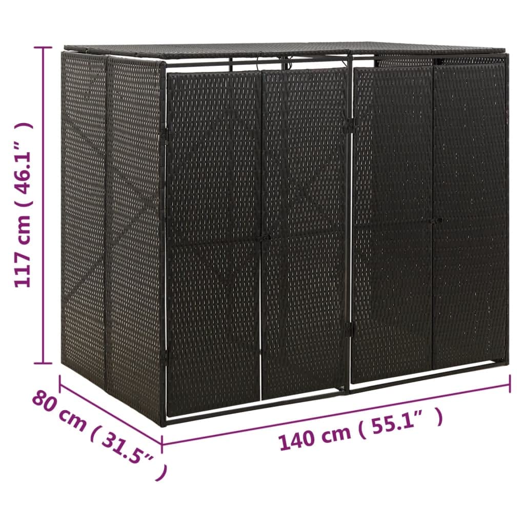 vidaXL Double Wheelie Bin Shed Outdoor Patio Recycling Dustbin Trash Cover Store Garden Wheelie Bin Storage Black 140x80x117 cm Poly Rattan