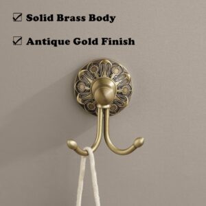 Lucyound Antique Brass Towel Hook, Wall Mounted Bathroom Double Hook for Clothing & Robe Hanger, Screws Install Shower Wall Hook, Vintage Petal-Relief Series