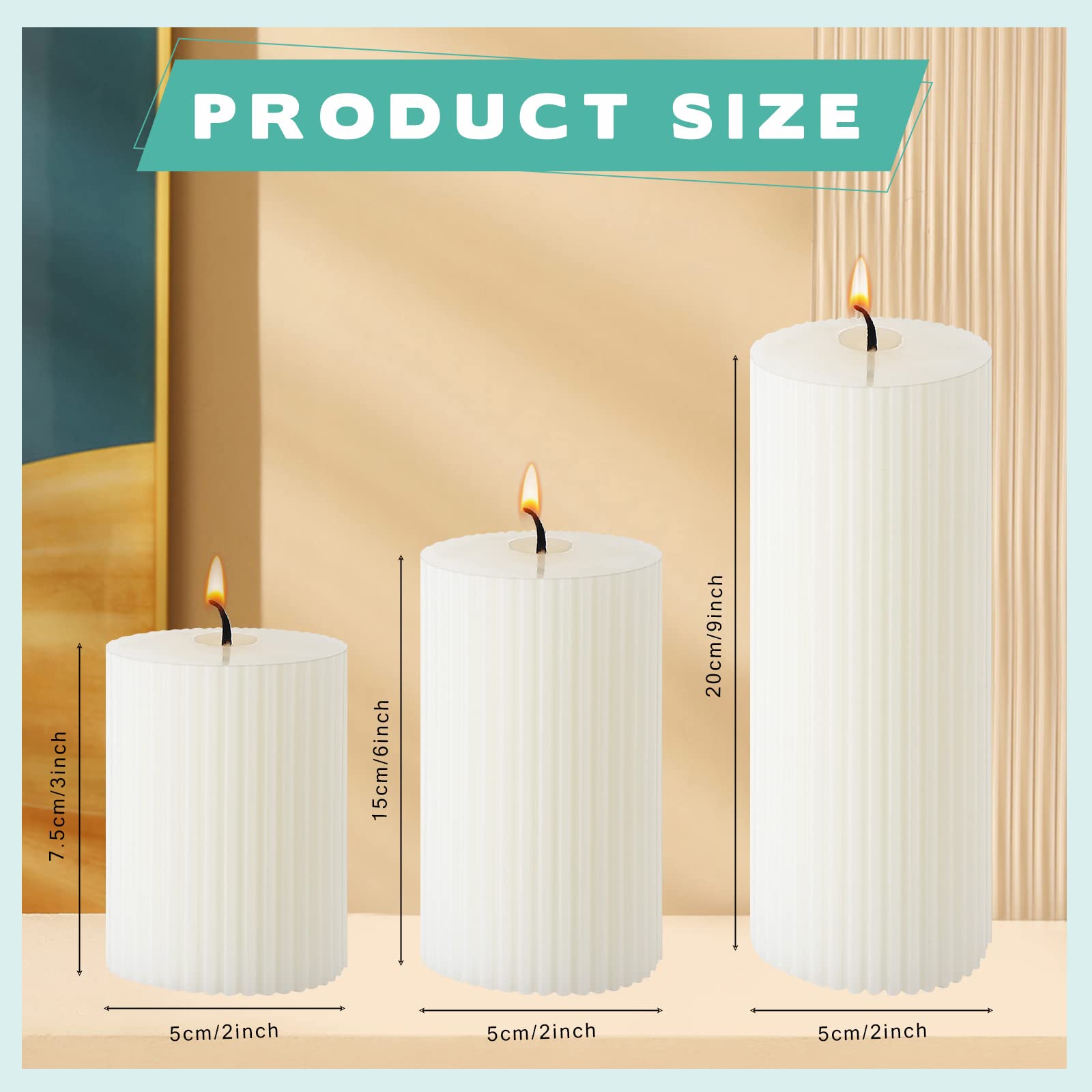 Set of 12 Ribbed Pillar Candles Soy Wax Home Decor Modern White Candles with Cotton Wick for Wedding, Home, Restaurants, Spa, Church Decoration, 2 x 3 Inch, 2 x 6 Inch, 2 x 8 Inch