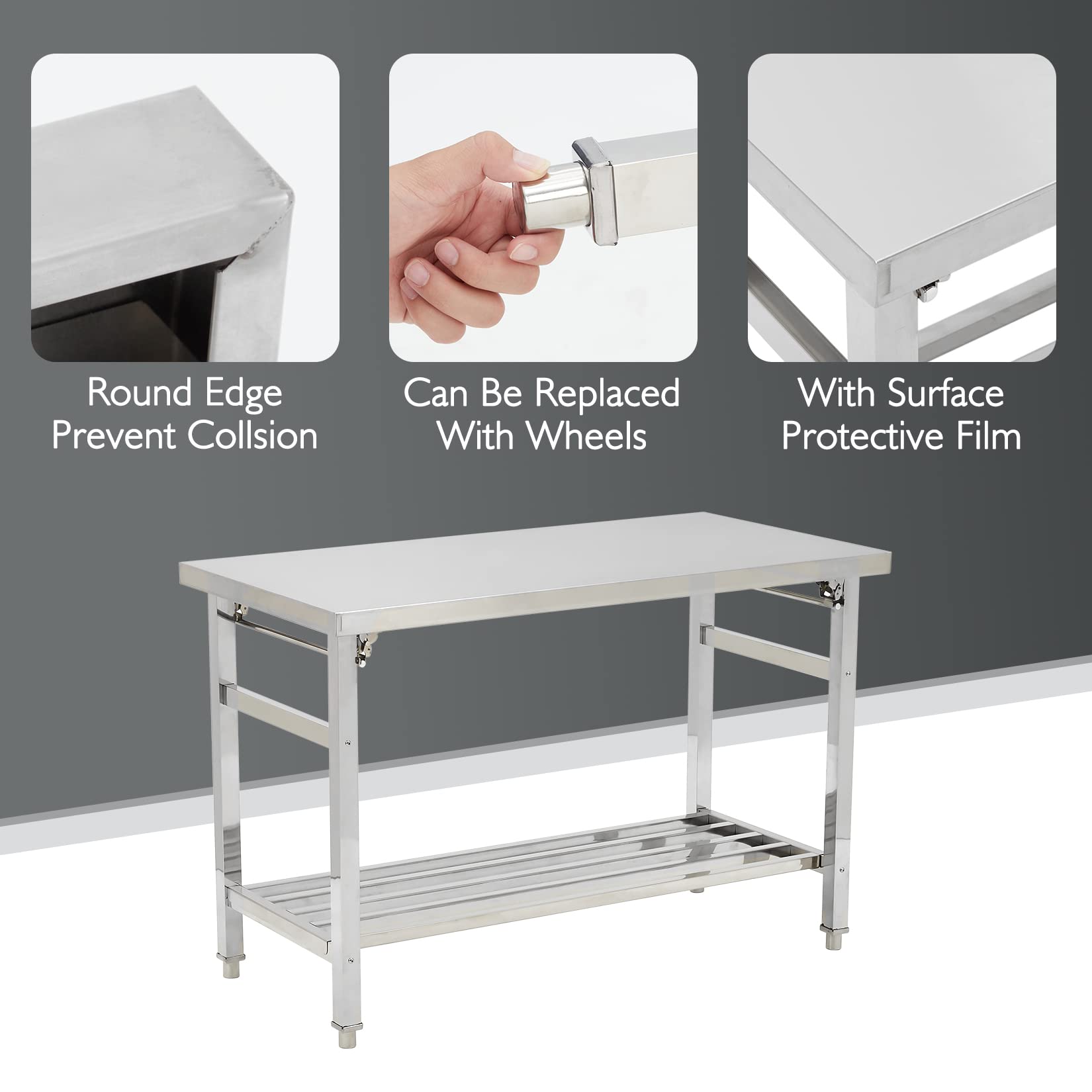 Stainless Steel Table 48 * 24 in, Portable Kitchen Island Stainless Steel Prep Table Work Bench with Foldable Table Legs, Work Table with Adjustable Undershelf for Kitchen Restaurant