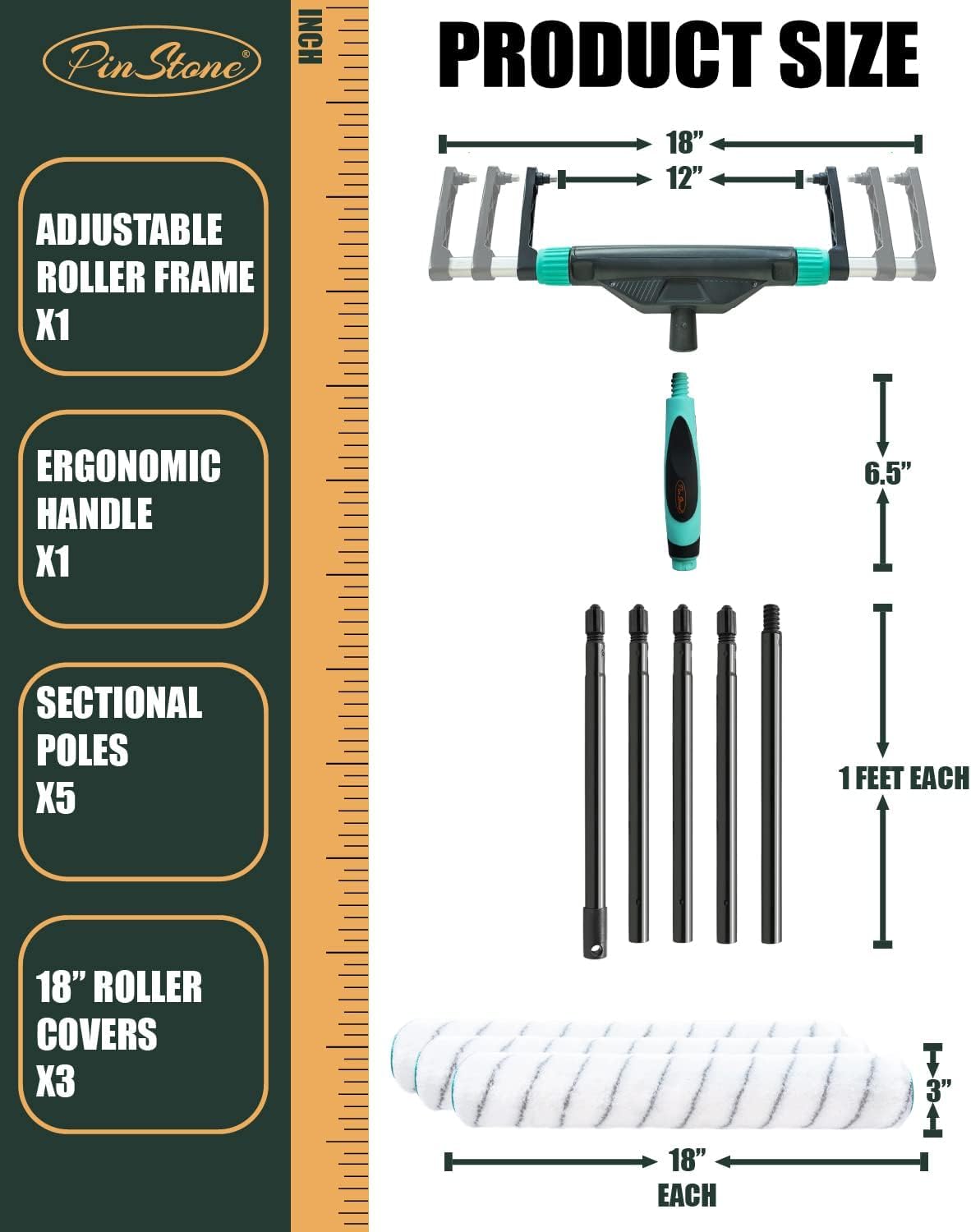 10pcs PinStone Large Paint Roller Kit, 12"-18" Adjustable Roller Frame, 1-5 Ft Steel Extension Pole, Ergonomic Handle, 3pcs 18" Nylon Roller Covers for Walls,Ceiling,Floor,Interior & Exterior Painting