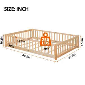 LLS Queen Floor Bed for Children, Durable Montessori Floor Bed with Wood Slats, Safety Fence & Small Door, Wood Floor Bed Frame for Girls Boys Children, Natural (with Bed Slats)