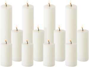 set of 12 ribbed pillar candles soy wax home decor modern white candles with cotton wick for wedding, home, restaurants, spa, church decoration, 2 x 3 inch, 2 x 6 inch, 2 x 8 inch