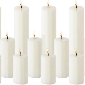 Set of 12 Ribbed Pillar Candles Soy Wax Home Decor Modern White Candles with Cotton Wick for Wedding, Home, Restaurants, Spa, Church Decoration, 2 x 3 Inch, 2 x 6 Inch, 2 x 8 Inch