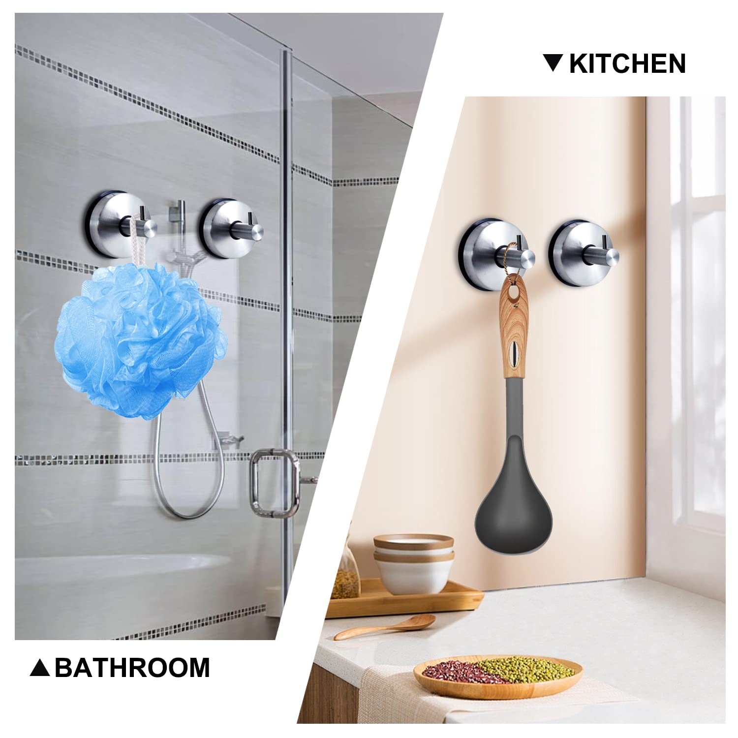 CTOHN Suction Cup Hooks for Shower, SUS 304 Stainless Steel Vacuum Towel Hooks Wall Mounted, Brushed Nickel Silver Shower Hooks for Bathrooms