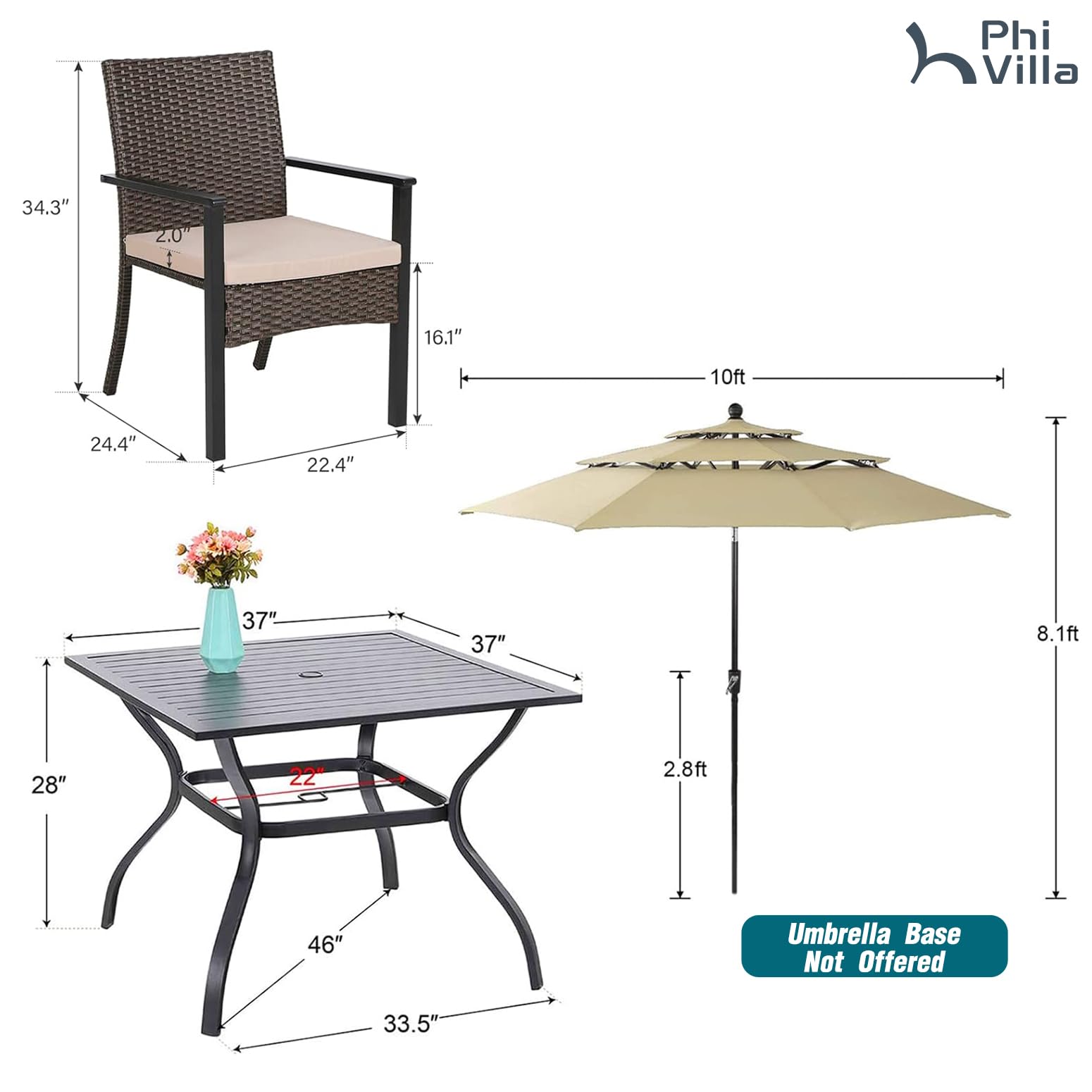 PHI VILLA 5 Pieces Outdoor Dining Set with Umbrella for 4, 37" Square Metal Dining Table & 4 Cushioned Wicker Rattan Chairs with 10ft Beige Umbrella for Patio, Deck, Yard, Porch