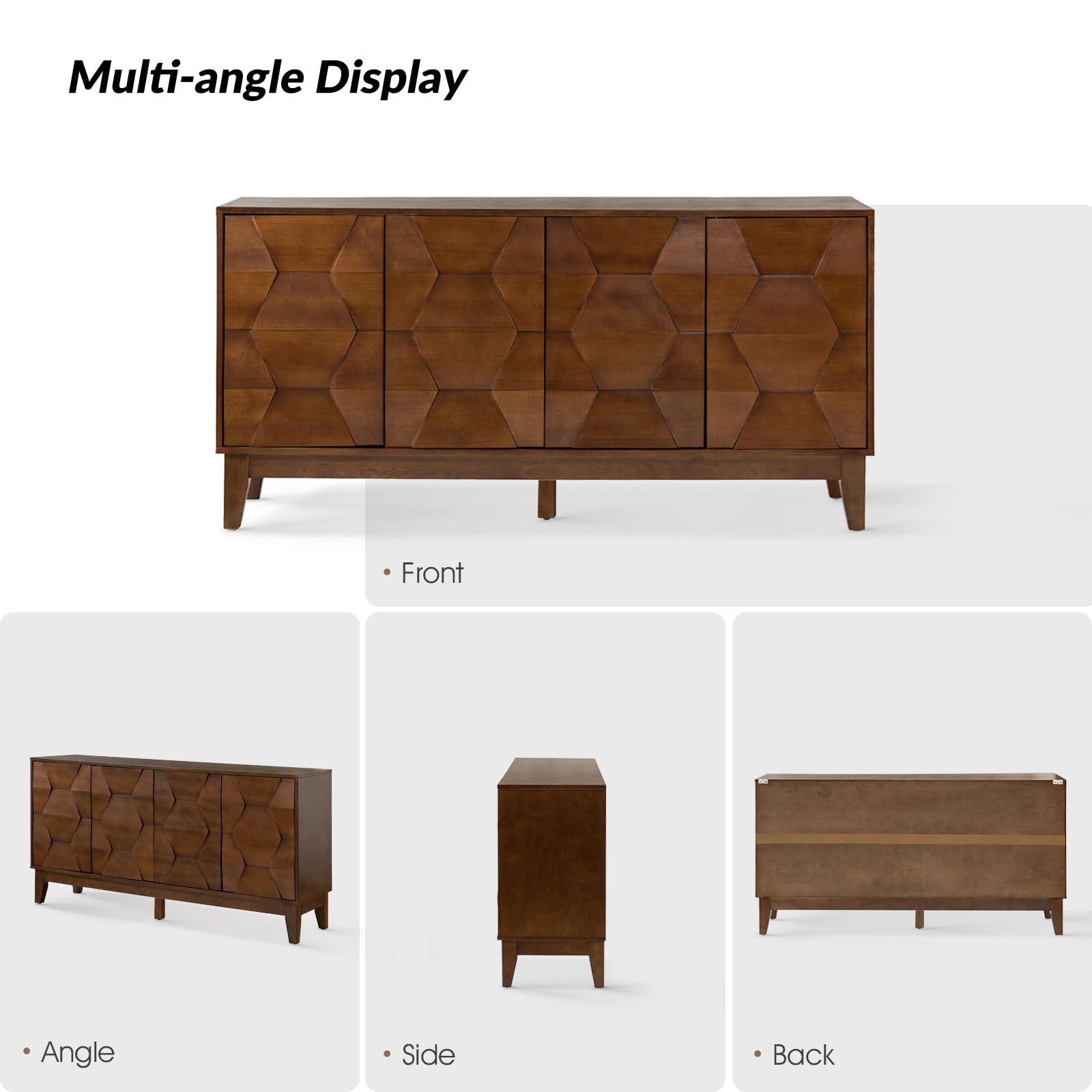 HULALA HOME Mid Century Sideboard Buffet Cabinet with Solid Wood Legs, 60" Kitchen Storage Cabinet Credenza with 4 Doors and 2 Shelves, Accent Console Table, Walnut